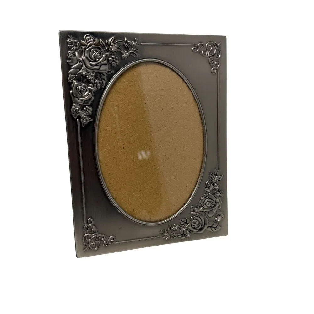 Vintage Pewter‎ Oval Photo Frame Floral Roses Cottage Style Tabletop Decor